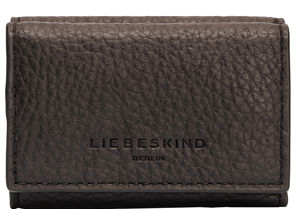 Real‑world usage of the Liebeskind Berlin women's leather wallet on a wooden desk with coins, cards, and a smartphone nearby