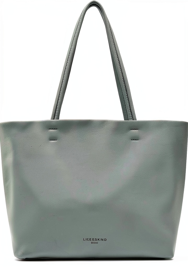 Forest green Liebeskind Berlin Shopper L Hera on a café table with a laptop, notebook, and reusable water bottle